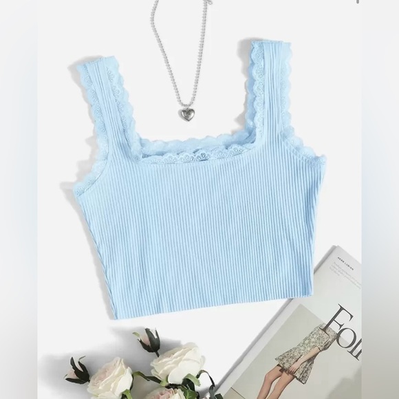 💖(2 for $15)💖 Baby Blue Lace Trim Ribbed Tank Top - Picture 2 of 4